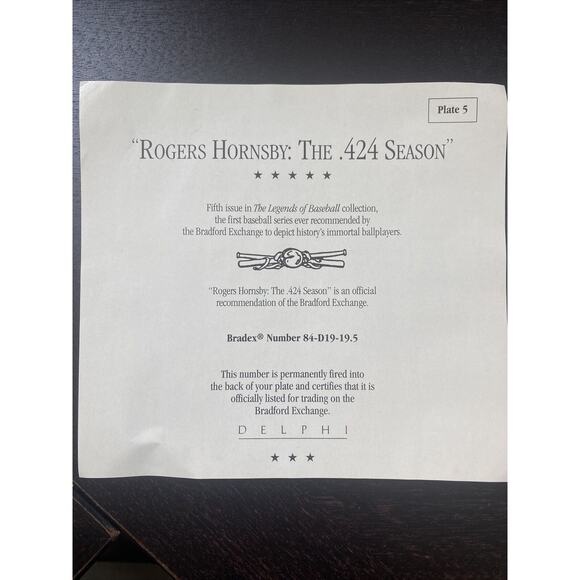 DELPHI ROGER HORNSBY THE .424 SEASON LARGE 8" PLATE BRADFORD EXCHANGE - Picture 3 of 7